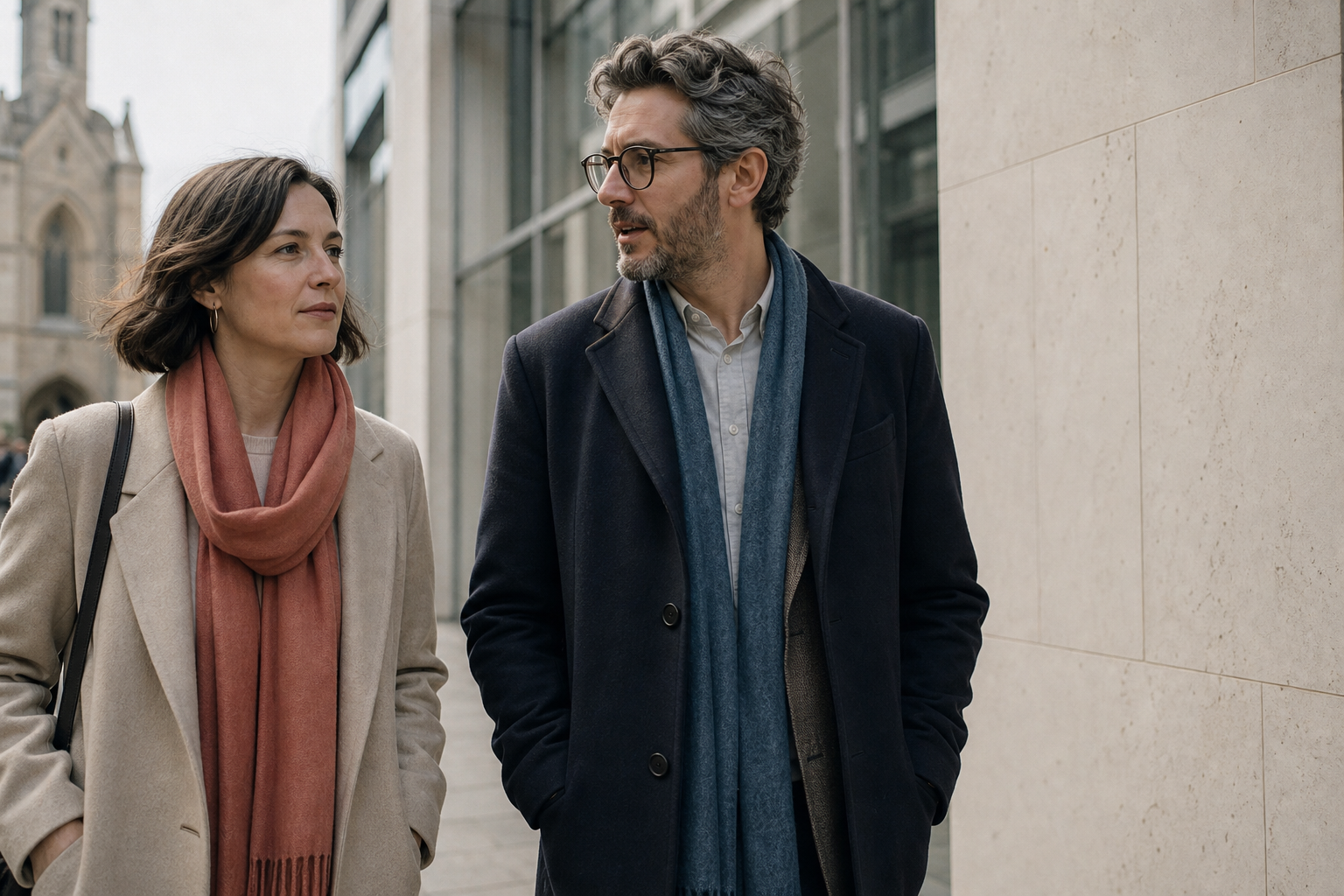 Close editorial-style crop of professionals walking near modern architecture in Colchester with muted tones and soft natural light