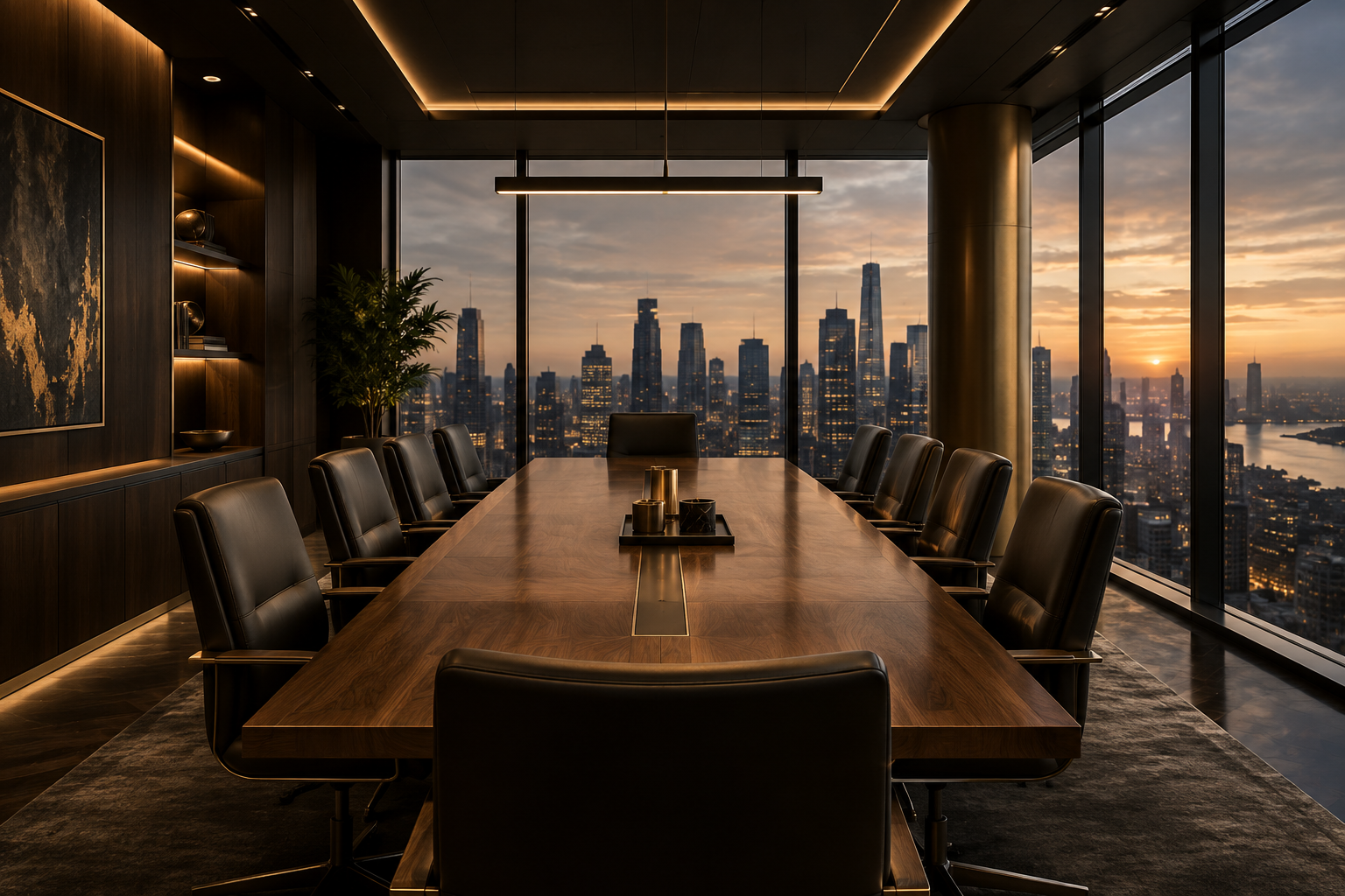 Executive boardroom with architectural glass walls, long conference table, and refined international business atmosphere