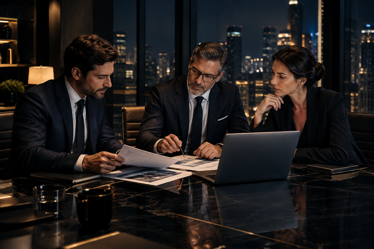 Senior international advisors in a refined boardroom reviewing growth strategy documents