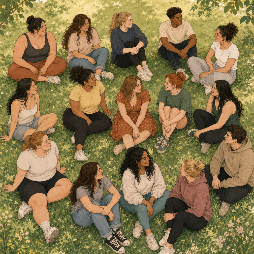 Sketch-style illustration of a diverse group of mostly women in their 20s to 30s, viewed from above in an open field