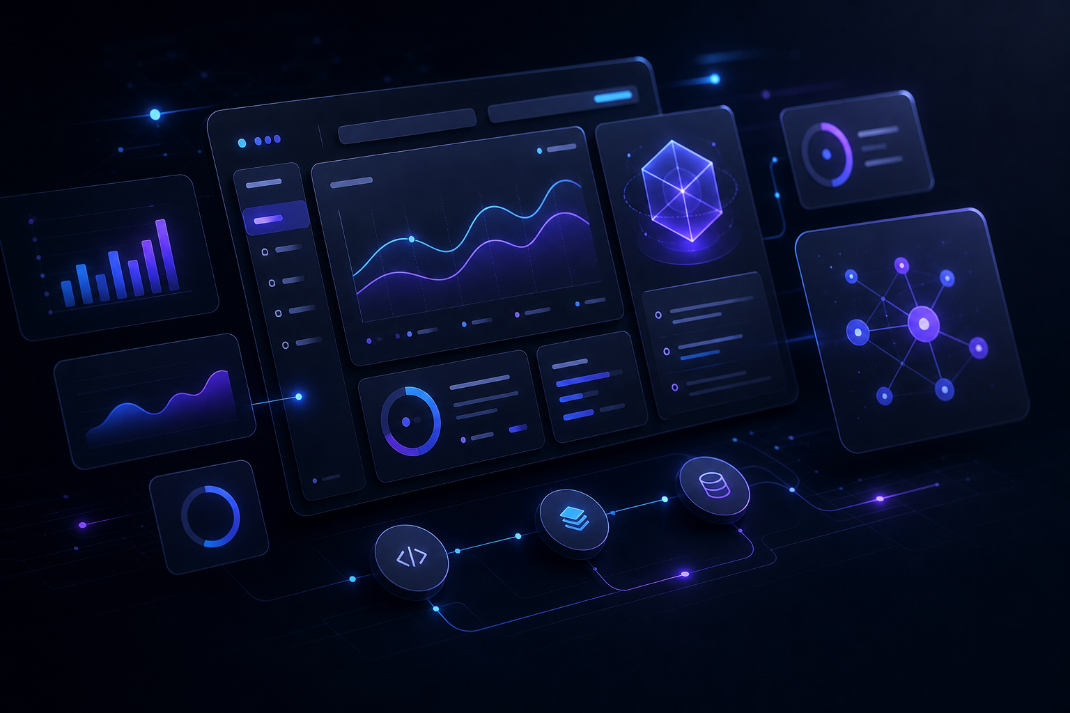 Abstract software dashboard interface with layered analytics cards, node links, and glowing data lines