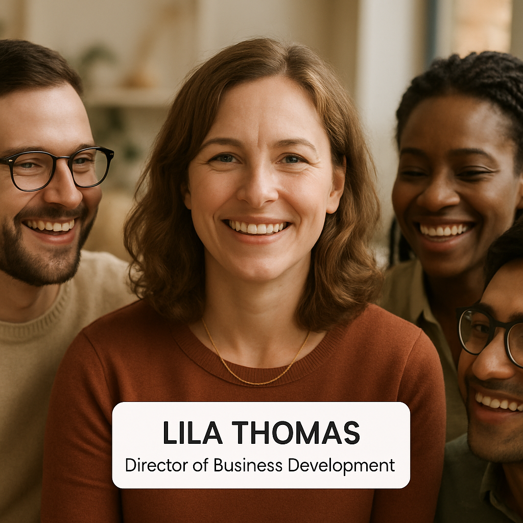 Lila Thomas smiling with friends, Director of Business Development