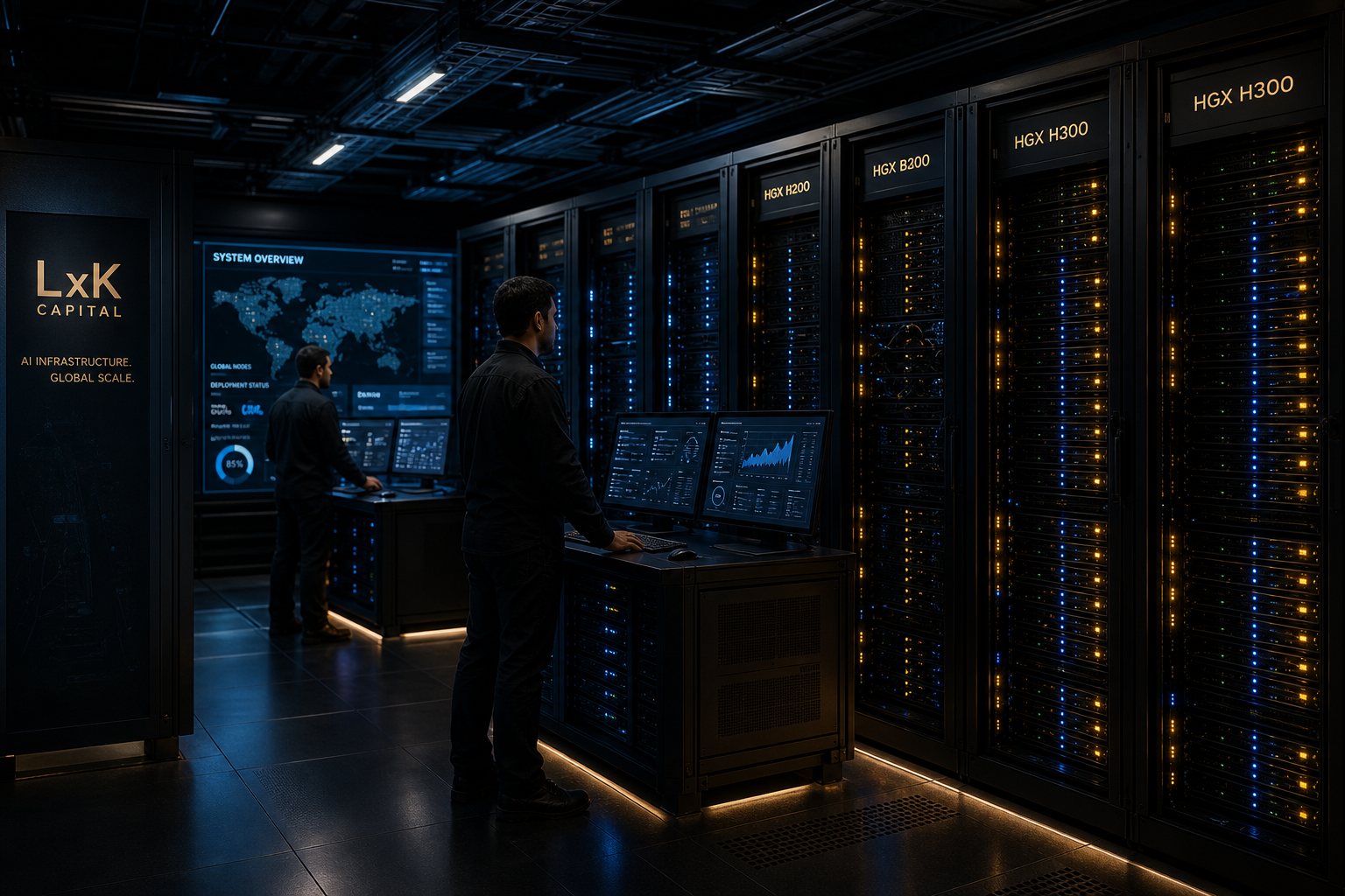 Cinematic, high-tech AI data center with GPU server racks, glowing status lights, and engineers monitoring infrastructure