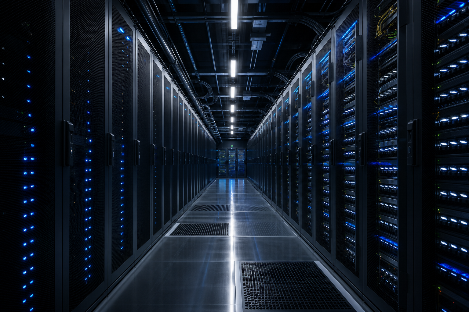 Premium AI data center aisle with dense GPU racks, blue status lighting, and cable-managed infrastructure