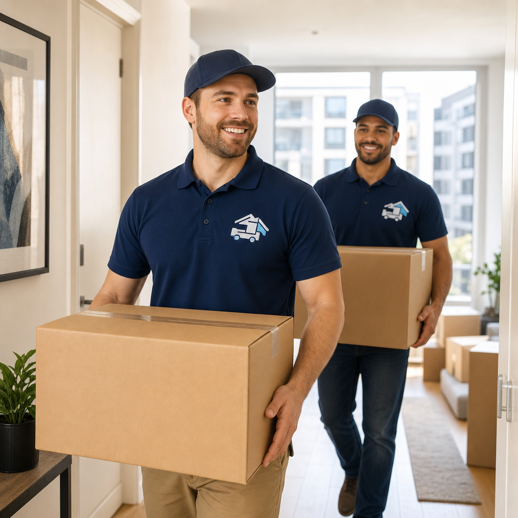 Movers carrying boxes in a bright apartment hallway