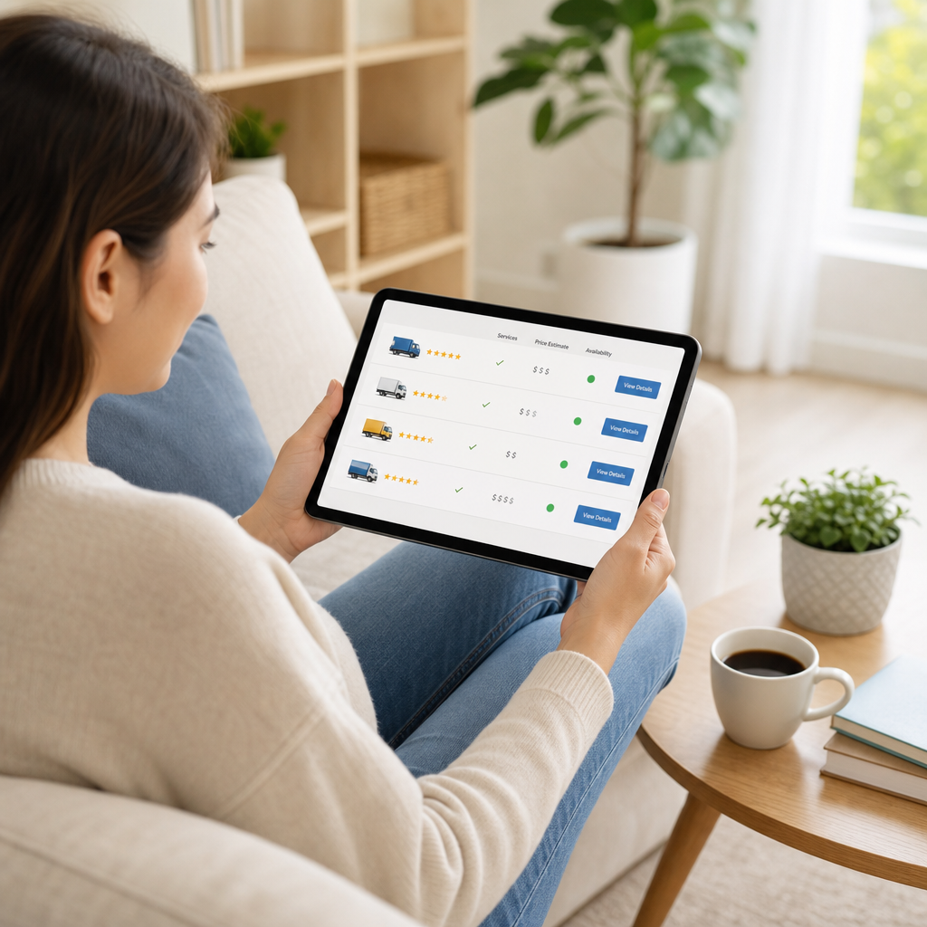 Calm customer comparing moving quotes on a tablet with a cup of coffee