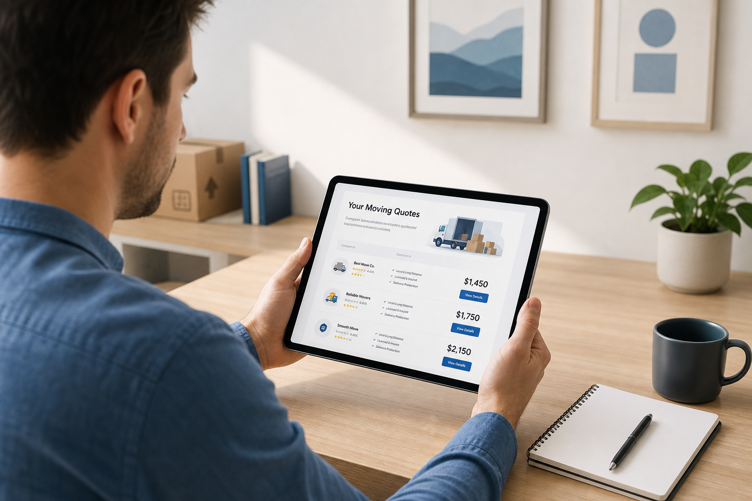 Customer reviewing moving quote details on a tablet at a clean desk