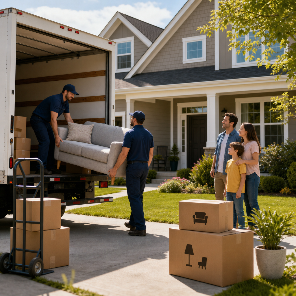 Family home with movers loading a truck in the driveway