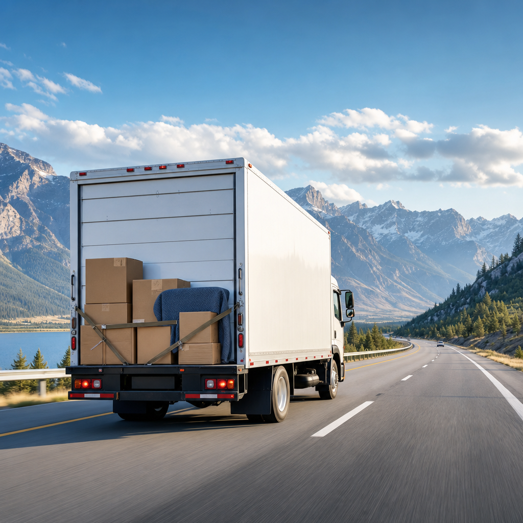 Moving truck on an open highway with luggage and boxes ready for a long-distance move
