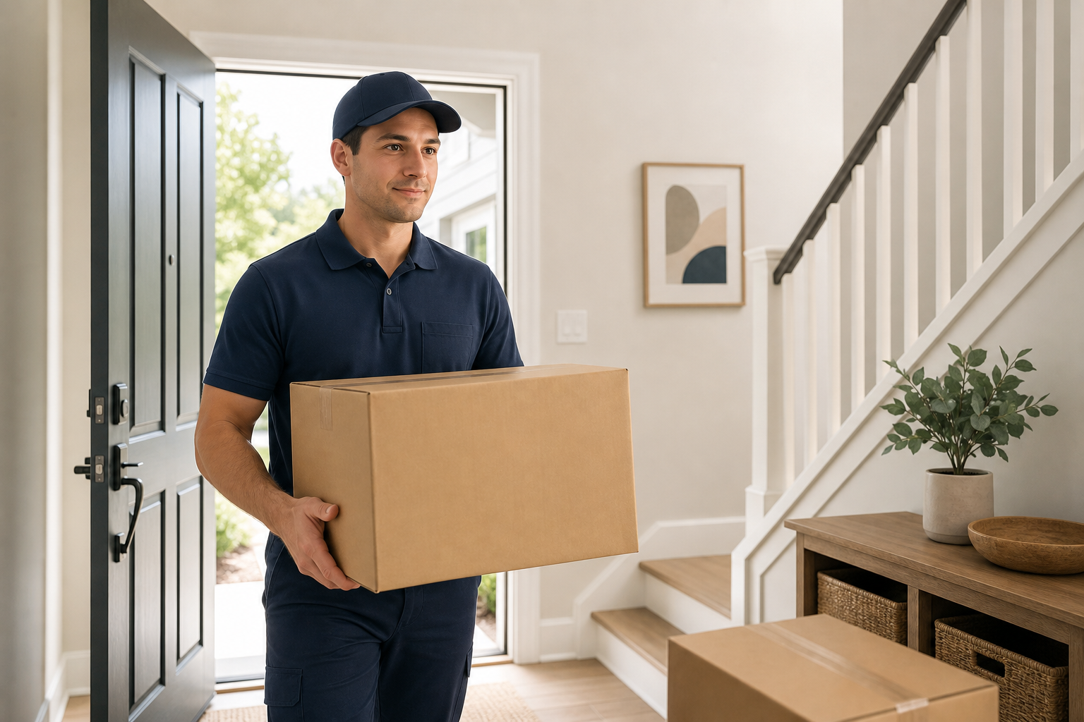 Professional mover carefully carrying a sealed box into a bright home