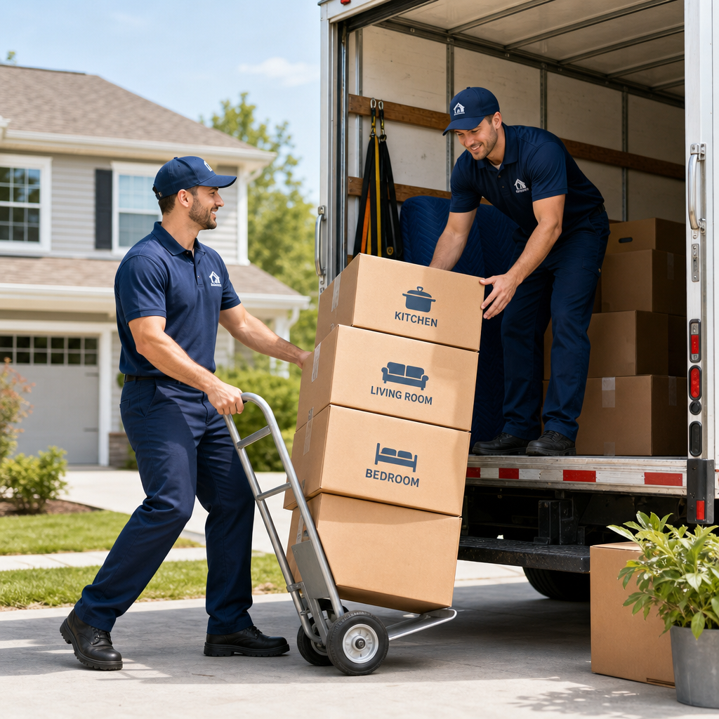 Professional movers loading neatly labeled boxes into a moving truck