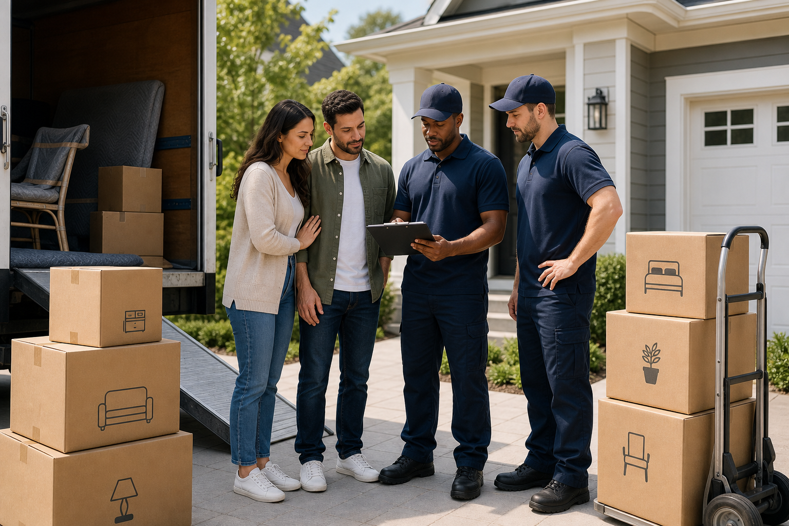 Professional movers reviewing a checklist with a diverse couple beside organized moving boxes outside a clean, sunlit home