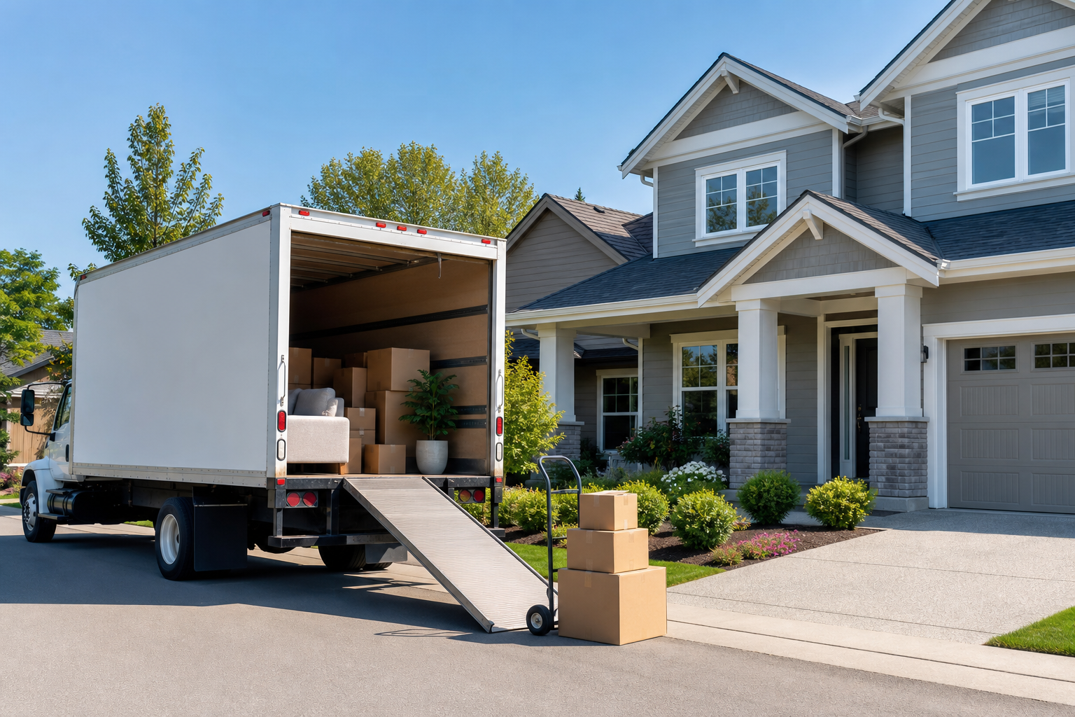 Clean branded moving truck arriving at a quiet suburban home
