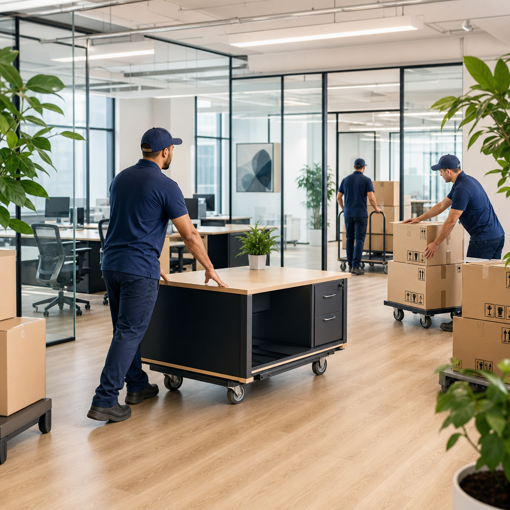 Office movers rolling desks and labeled boxes in a modern workspace