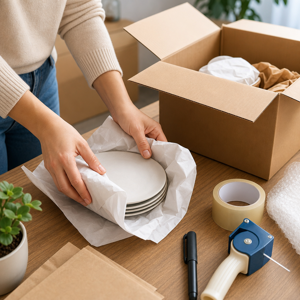 Close-up of hands wrapping dishes with packing paper and tape