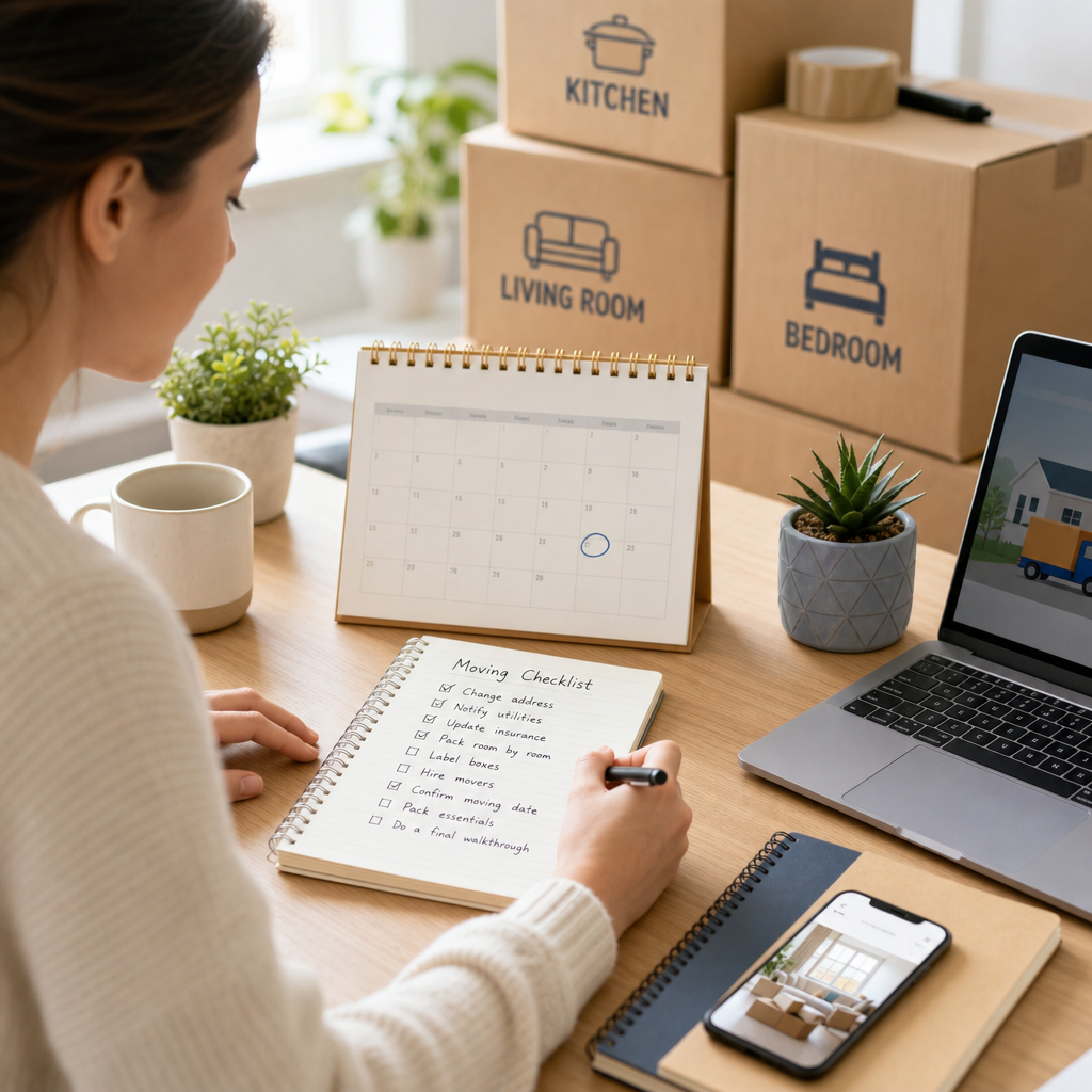 Person planning a move with a notebook and moving checklist on a tidy desk