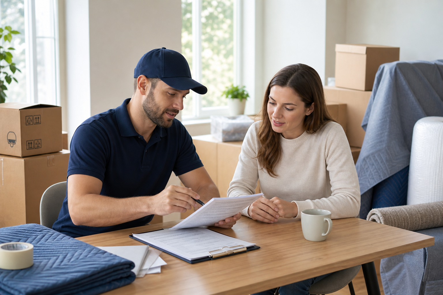 Calm, professional mover reviewing paperwork with a customer beside neatly packed moving boxes in a bright, clean room