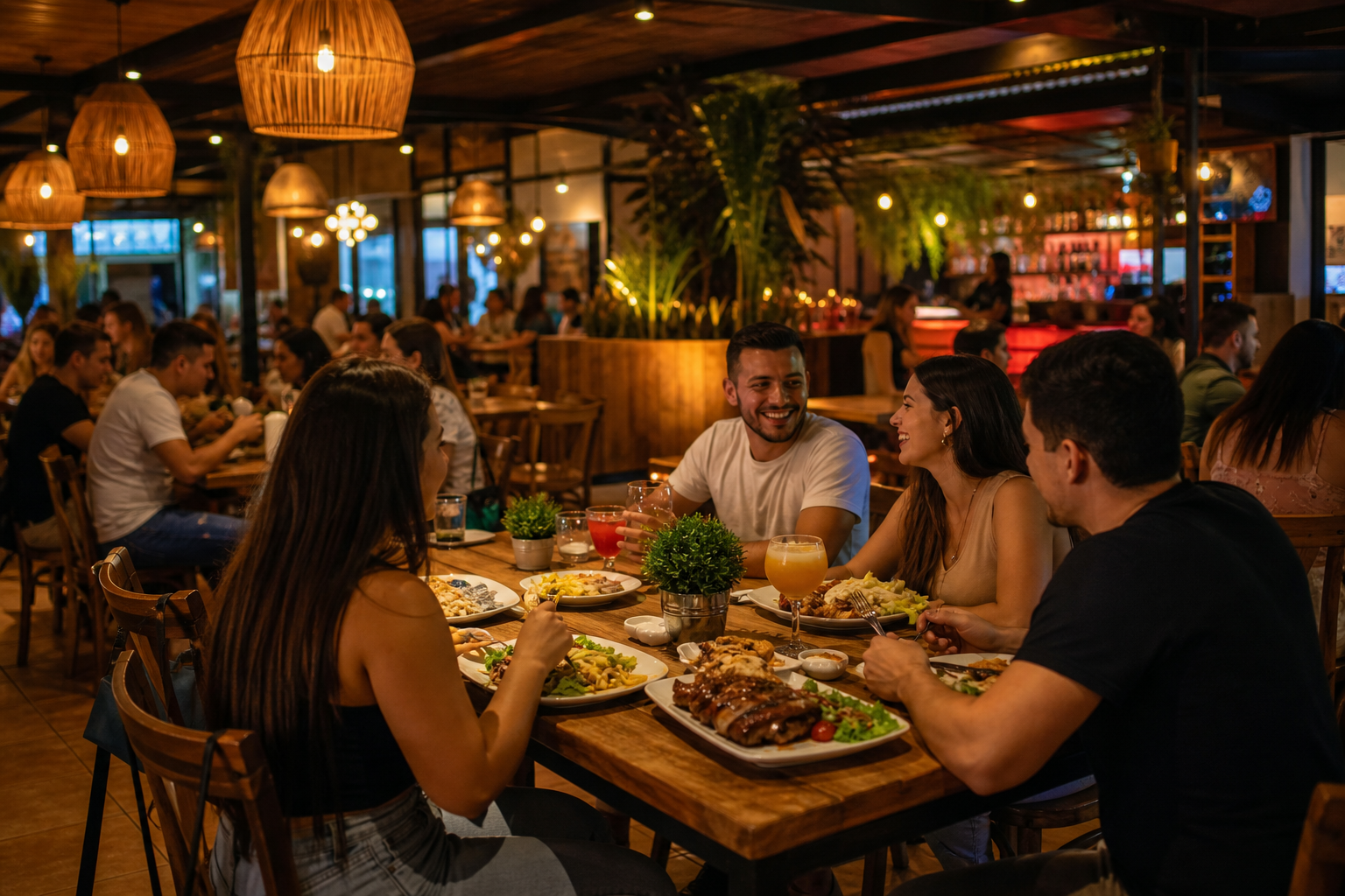 Ambiente interno acolhedor de restaurante com mesas de madeira, luzes quentes e pessoas desfrutando da noite