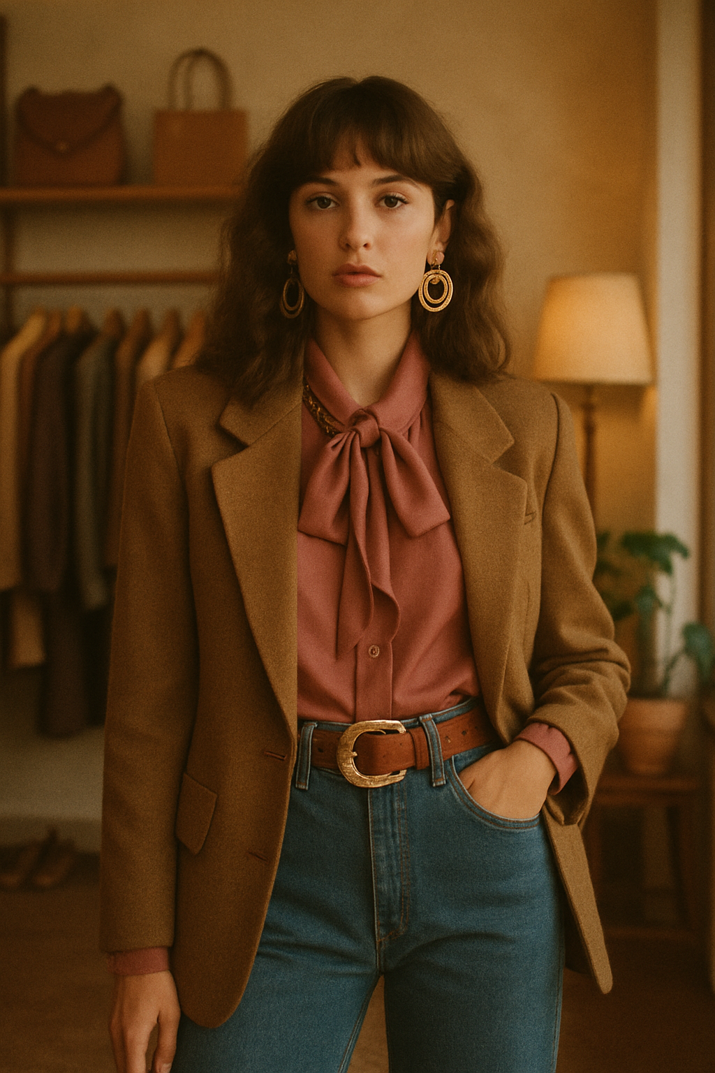 Model in retro 70s and 80s inspired outfit inside a warm boutique