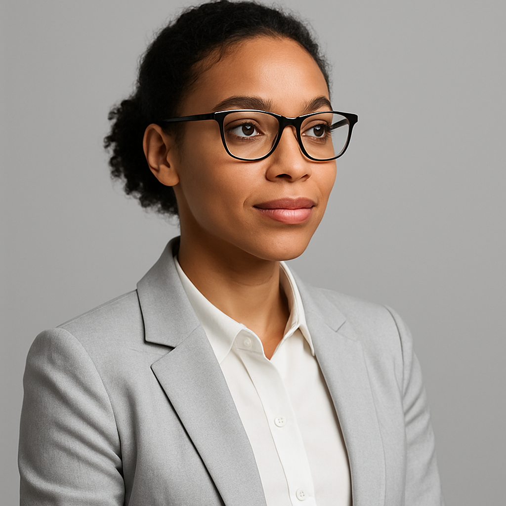 Portrait d'une cheffe de projet tech avec lunettes modernes, tenue claire