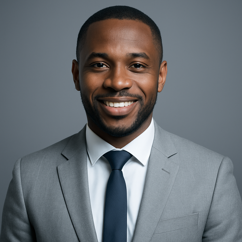 Portrait d'un responsable des partenariats en costume gris clair, sourire professionnel