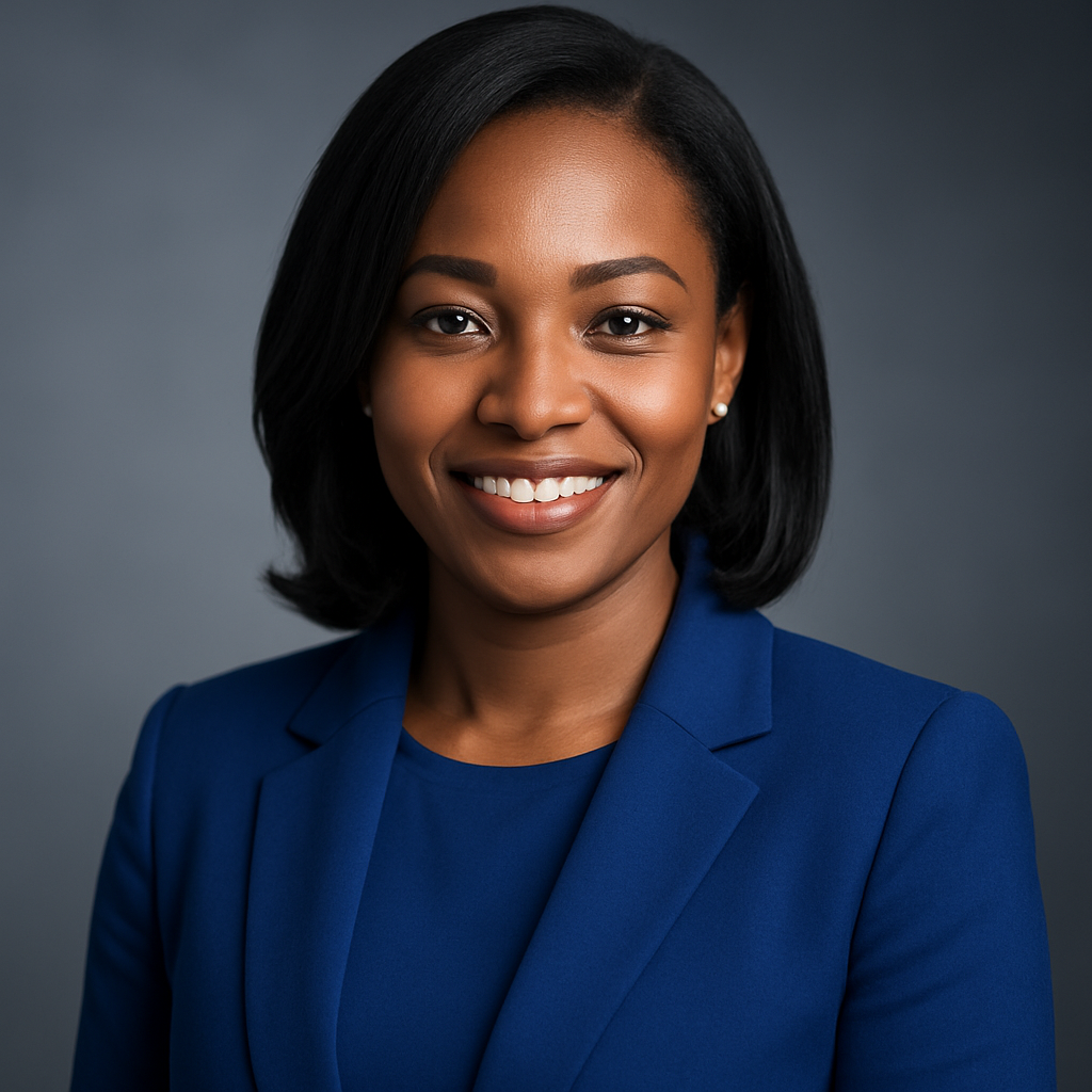 Portrait d’une directrice de programme en entreprise, femme congolaise élégante, tenue professionnelle bleue