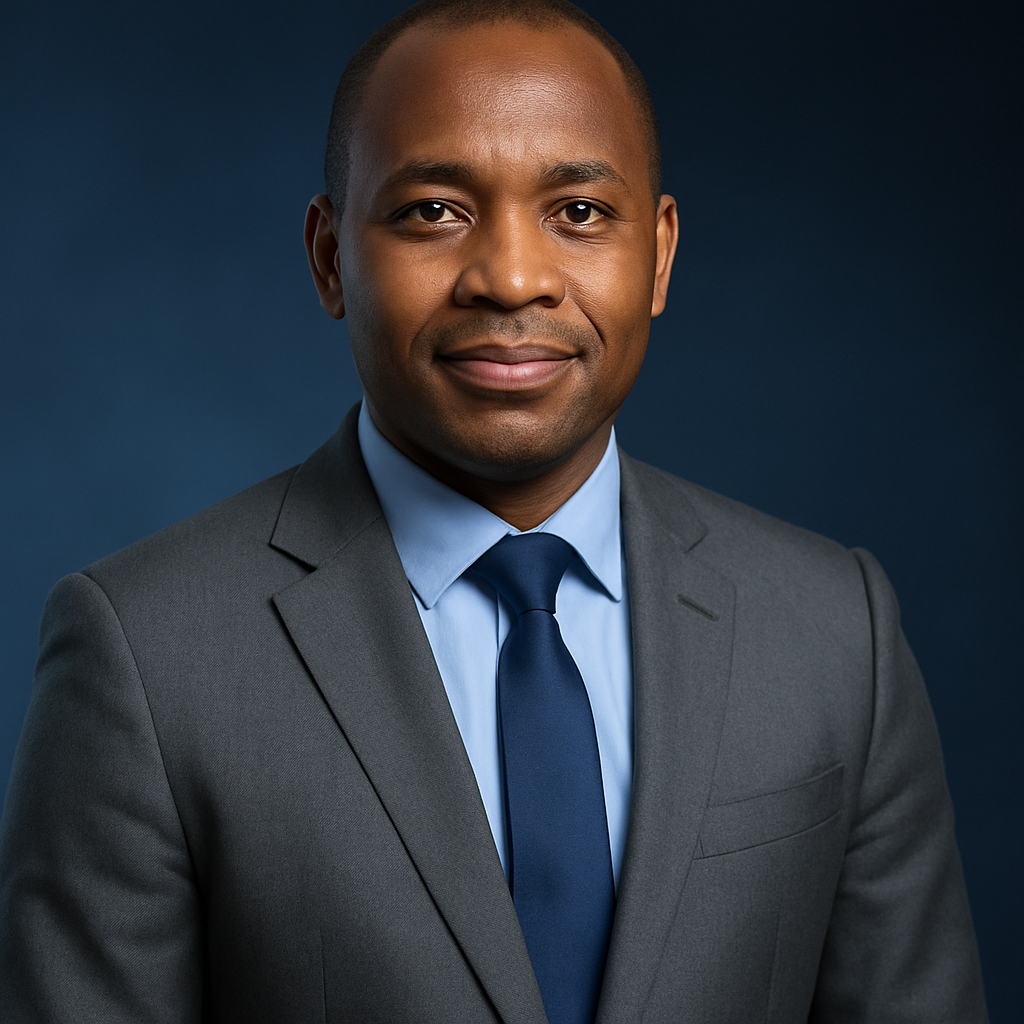 Portrait d’un responsable ONG, homme africain au costume gris, regard confiant