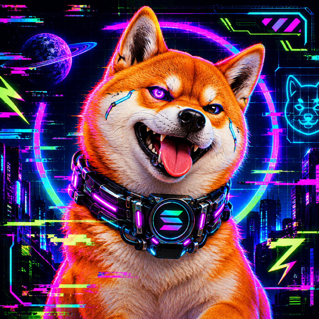 Stylized futuristic Shiba Inu meme character with neon circuitry accents, glitch details, and playful sci-fi attitude