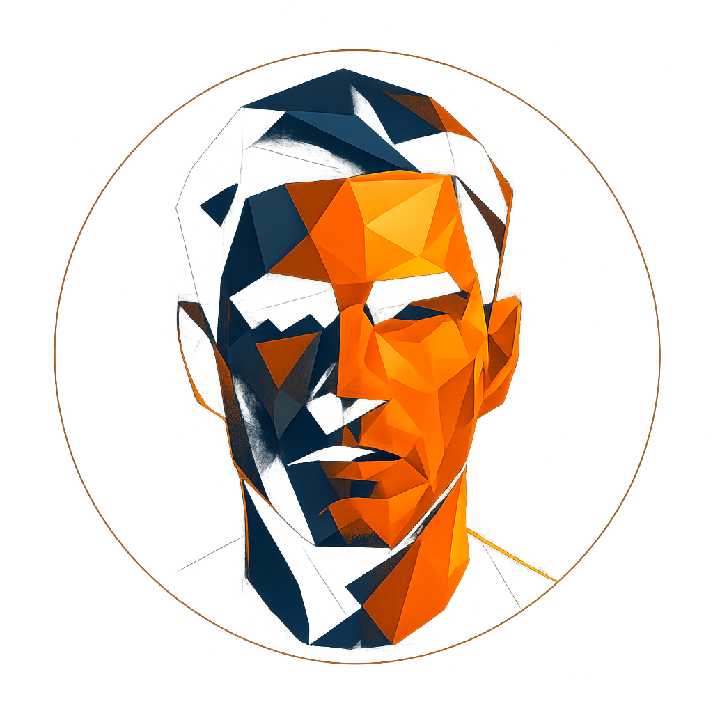 Abstract geometric avatar for Dmytro Shevchenko in orange and dark blue tones