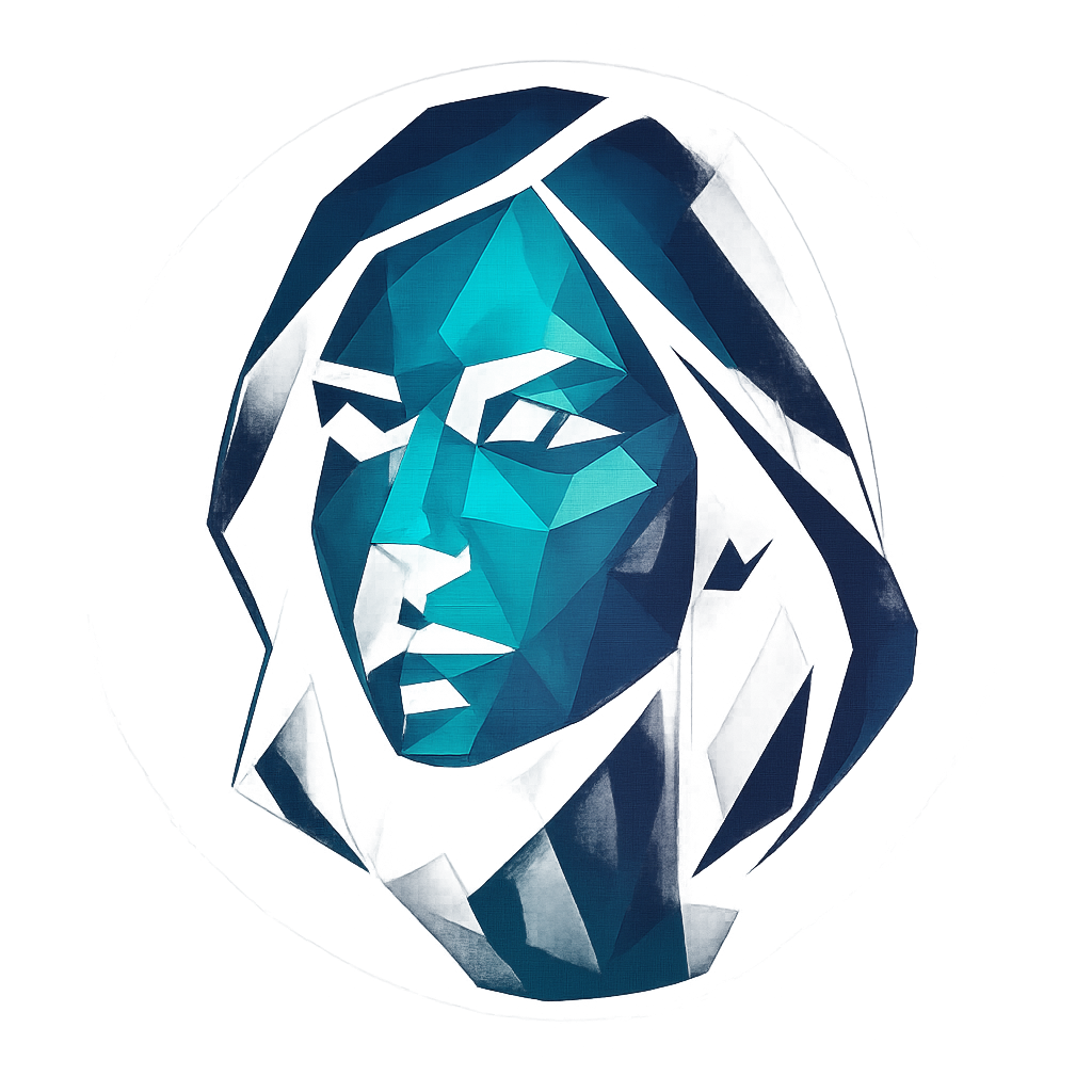 Abstract geometric avatar for Olena Koval in teal and violet tones
