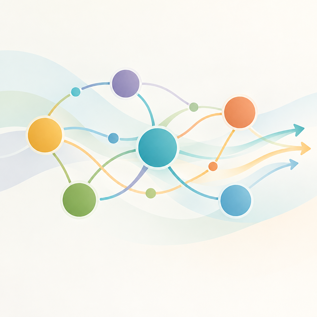 Abstract communication-systems illustration with layered pathways, connected colorful nodes, and soft directional flow suggesting clarity, momentum, and collaborative progress