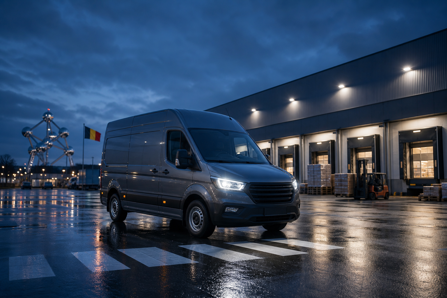 Modern delivery van arriving at a Belgian logistics hub at night with illuminated warehouse lights