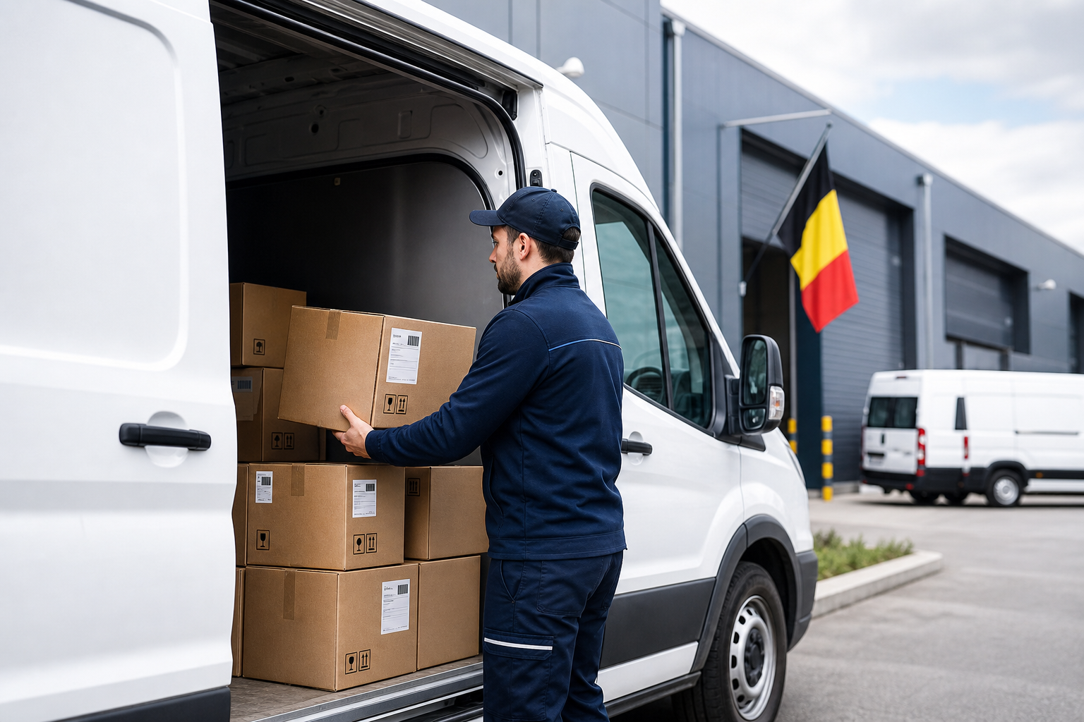 Koerier in moderne bestelwagen die pakketten laadt bij een Belgisch distributiepunt
