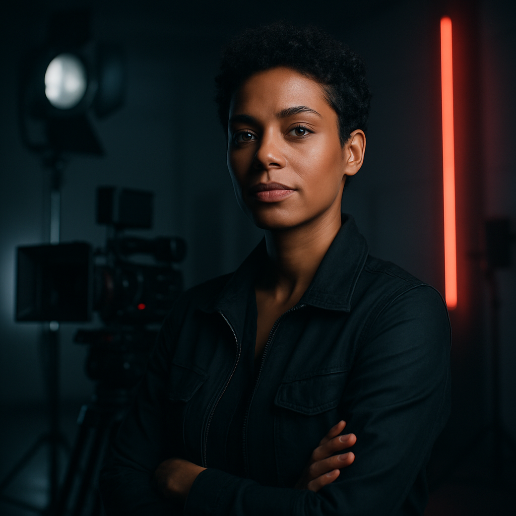 Filmmaker portrait, confident cinematic director