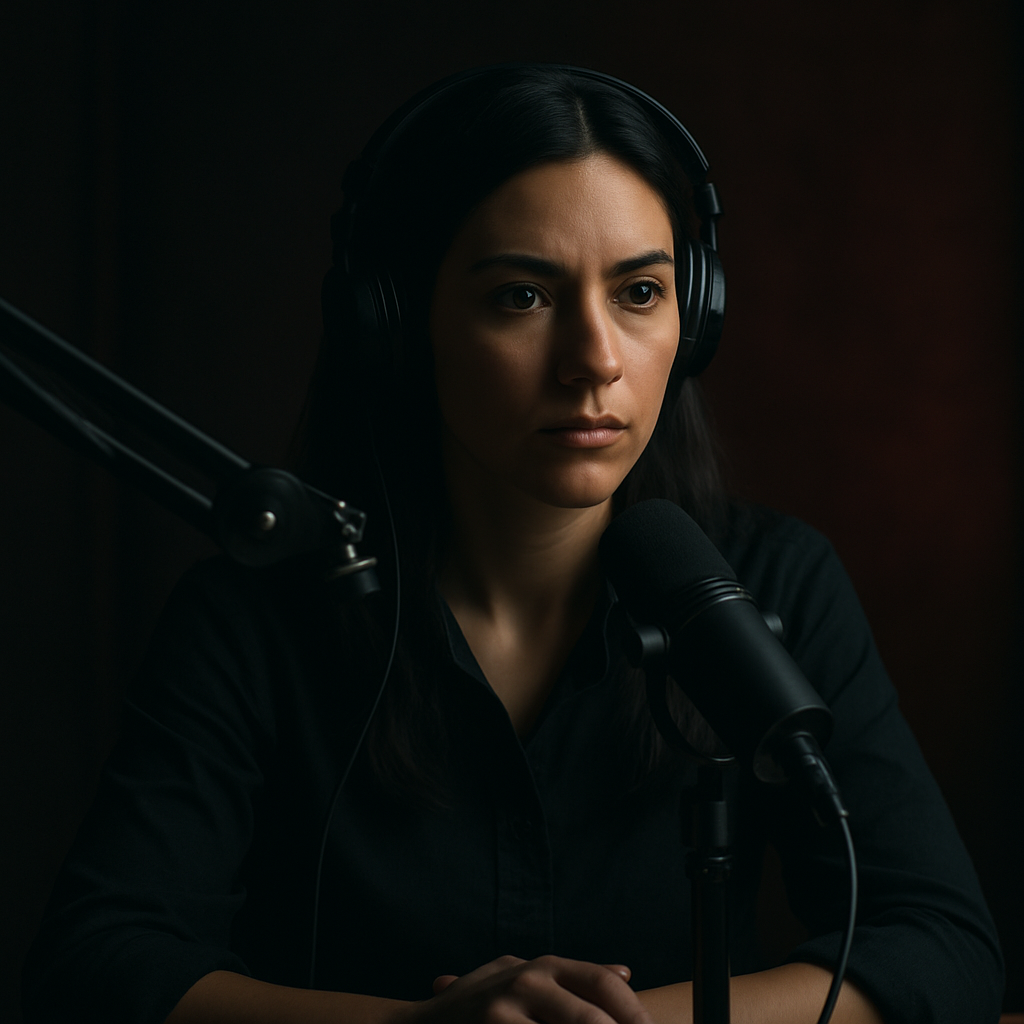 Podcaster portrait, focused host in a dark studio