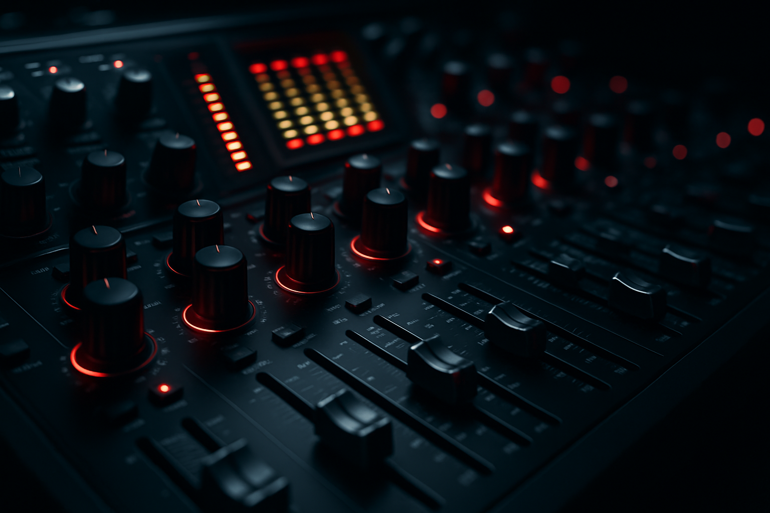 Close-up of a premium studio mixing console with illuminated controls