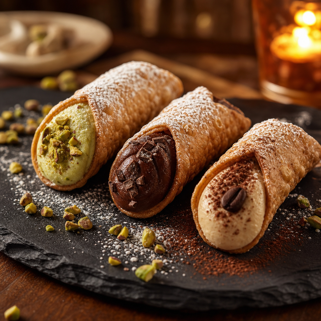 Trio of mini cannoli with pistachio, chocolate, and espresso cream