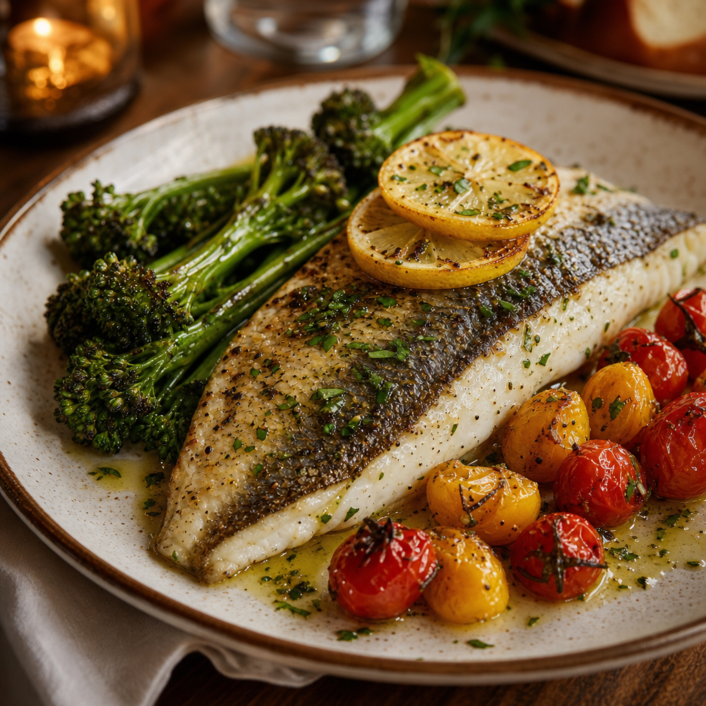 Herb-roasted branzino with lemon, roasted cherry tomatoes, and charred broccolini
