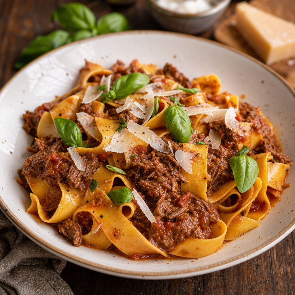 Handmade pappardelle pasta with slow-braised beef ragu, fresh basil, and shaved parmesan