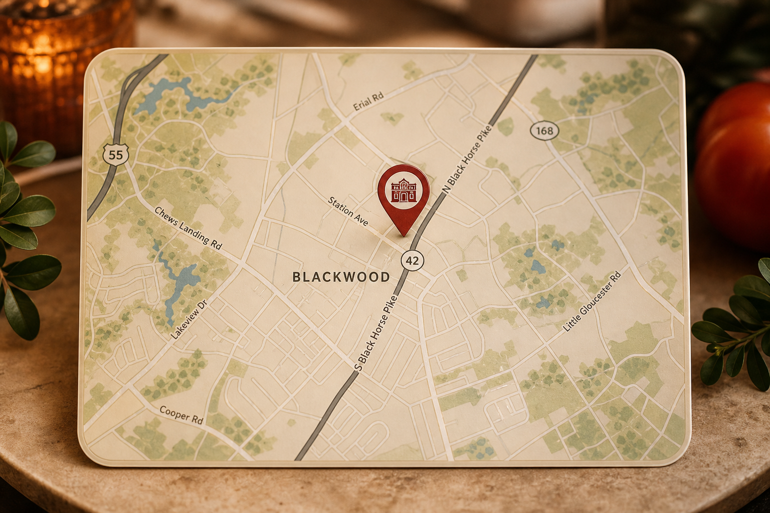 Warm, elegant photo-style map card highlighting the restaurant location in Blackwood, New Jersey with nearby streets and greenery