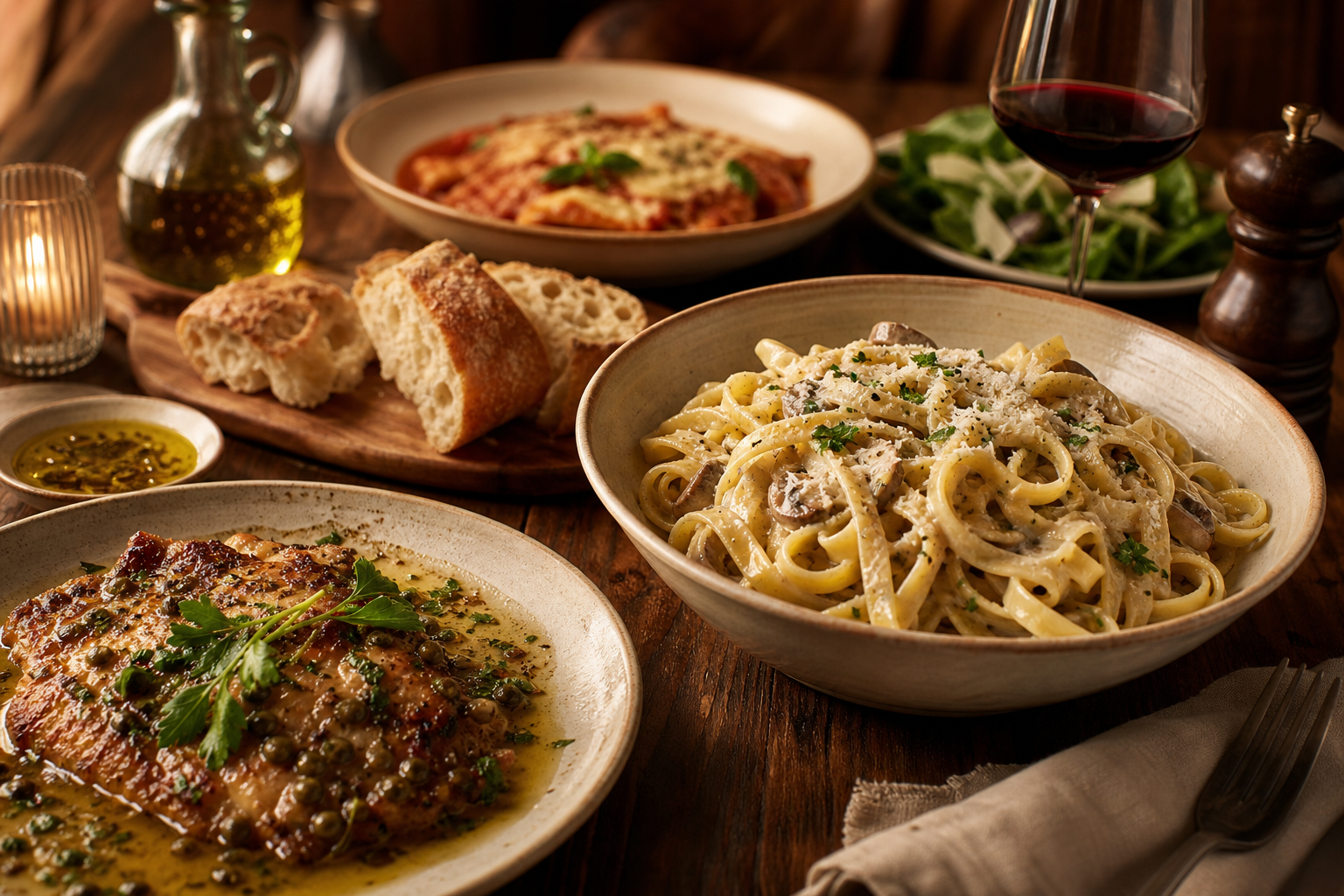 Elegant Italian dinner spread with handmade pasta, herb-garnished entrée, and warm rustic plating
