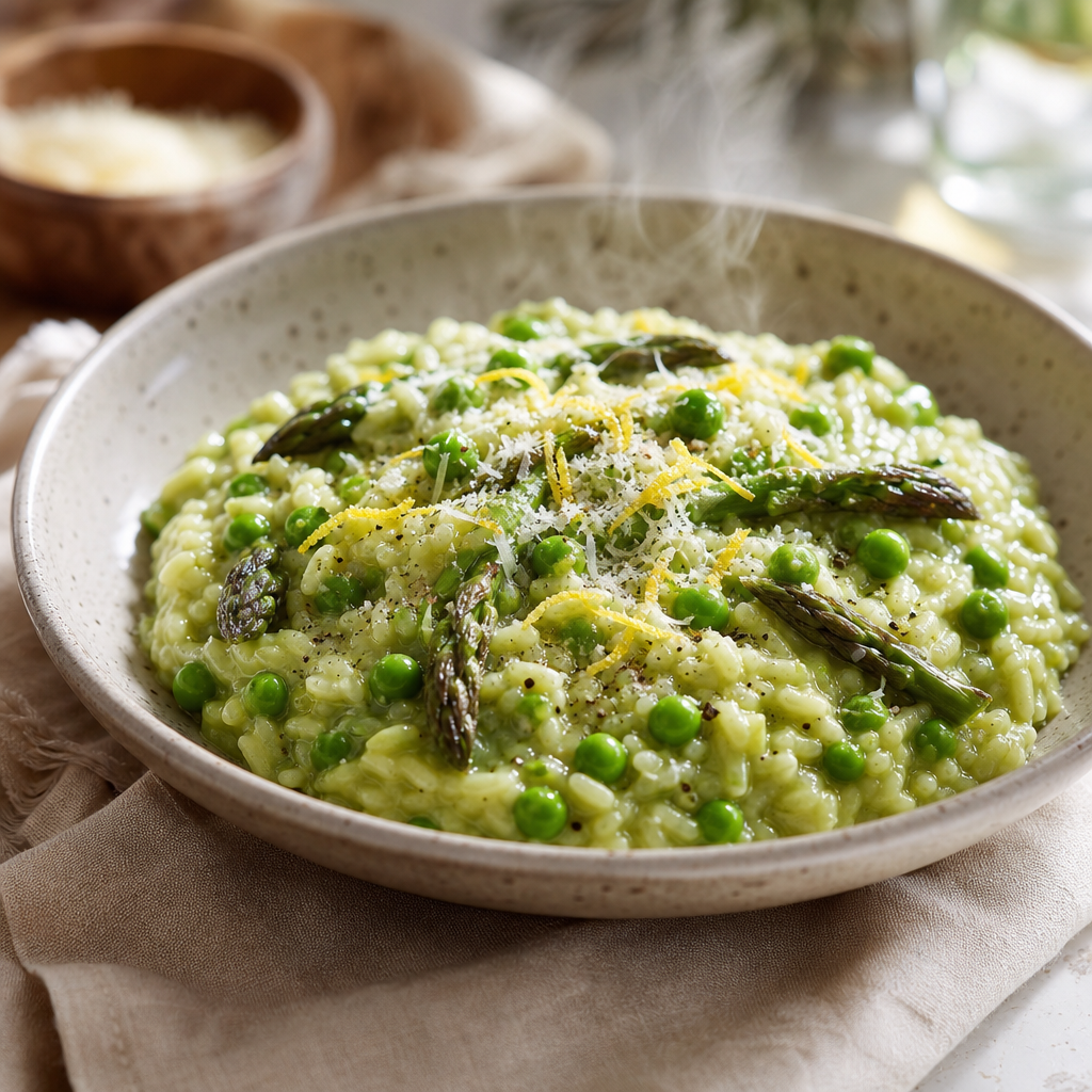 Creamy spring pea risotto with asparagus tips, pecorino, and lemon zest