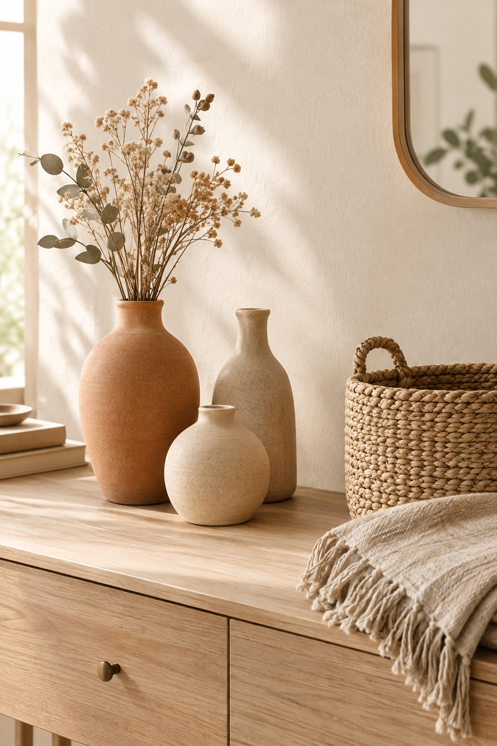 Warm styled decor scene with earthy ceramic vases, woven textiles, and soft natural window light on a wooden console