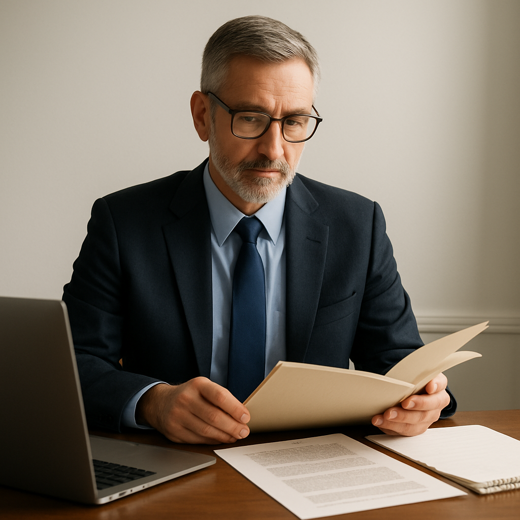 Expert witness preparing testimony with case documents and laptop