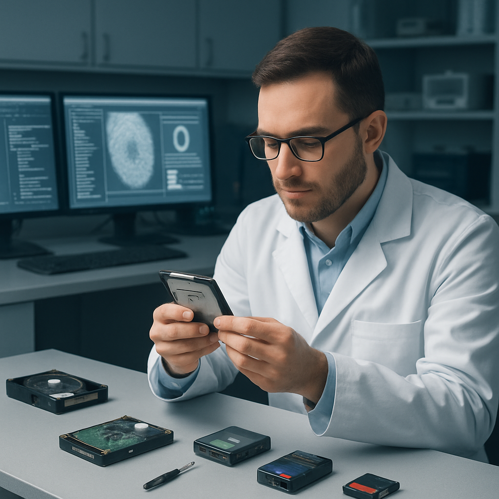 Forensic analyst examining digital evidence in a modern lab