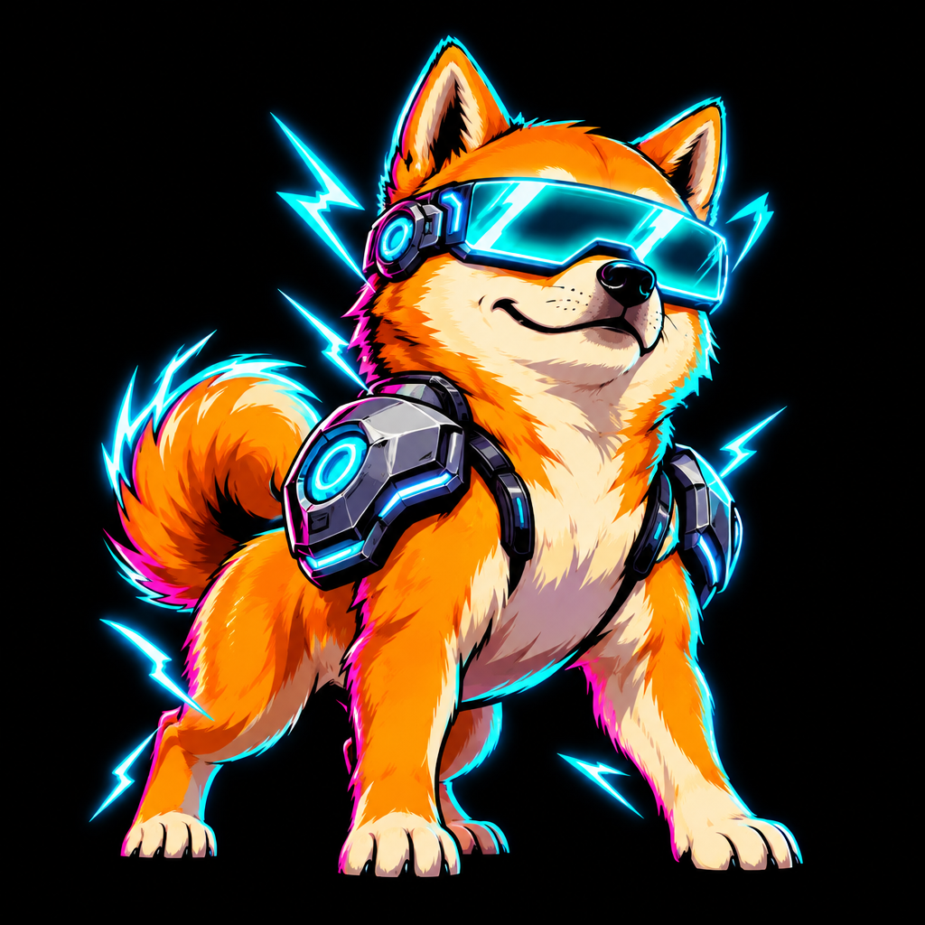 Small webpunk-style cyber shiba character with neon visor and electric accents