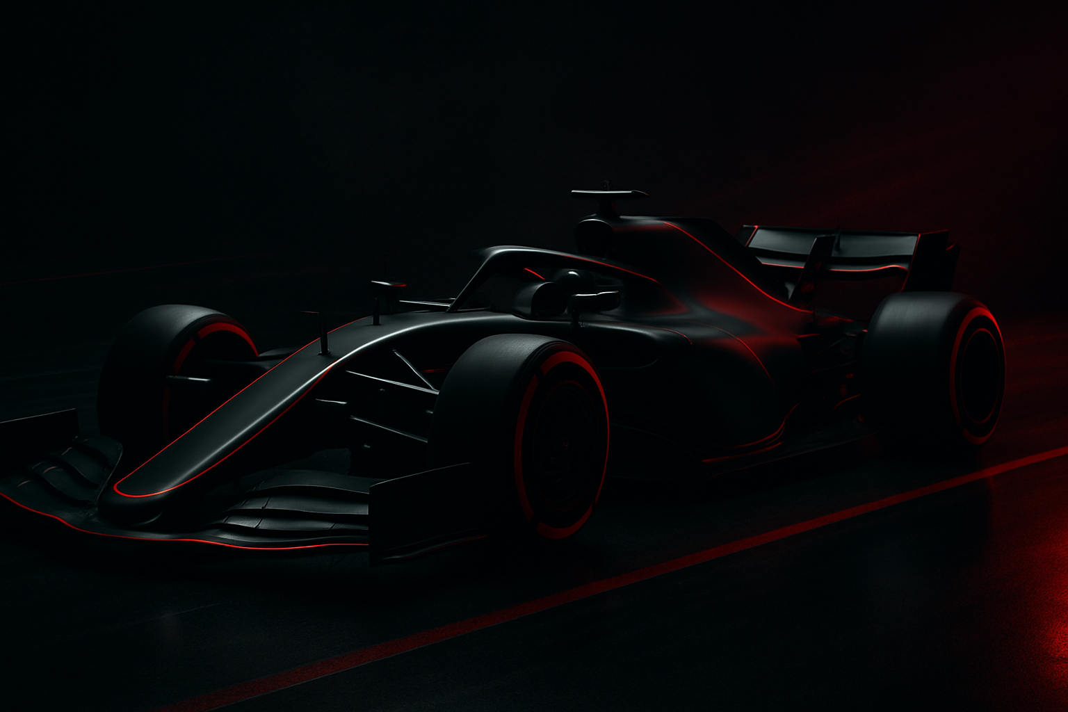 sleek modern Formula 1 car in matte black with neon accent lighting on a dark studio track