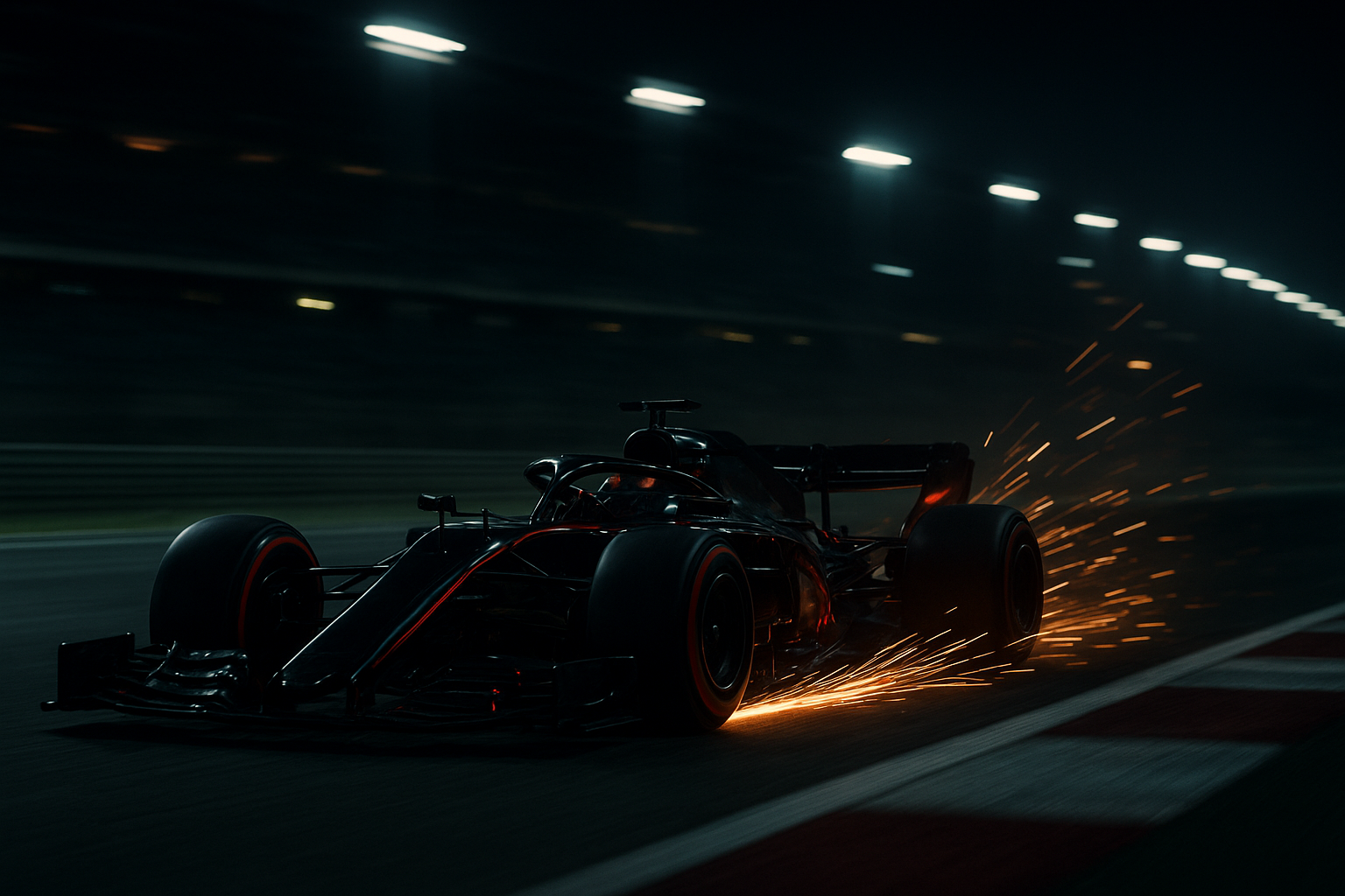Moody close-up of a Formula 1 car slicing through a night circuit with sparks and heat haze, emphasizing speed and strategy