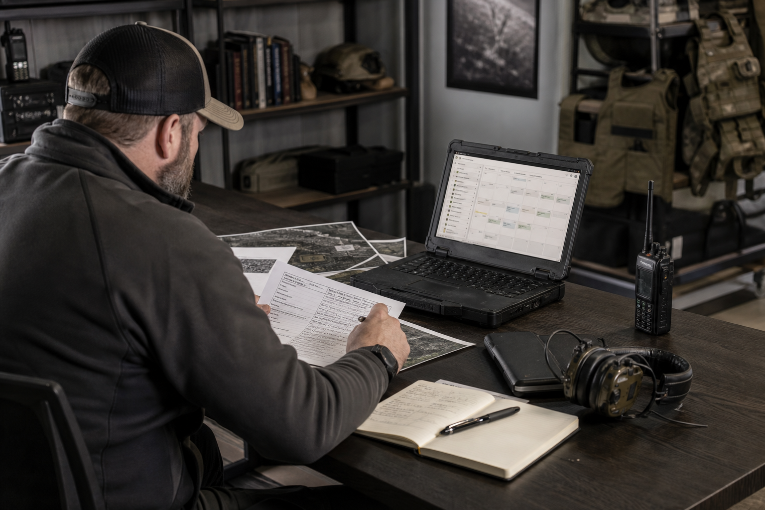 Professional consultation environment with planning documents, radio equipment, and a laptop in a controlled operations workspace