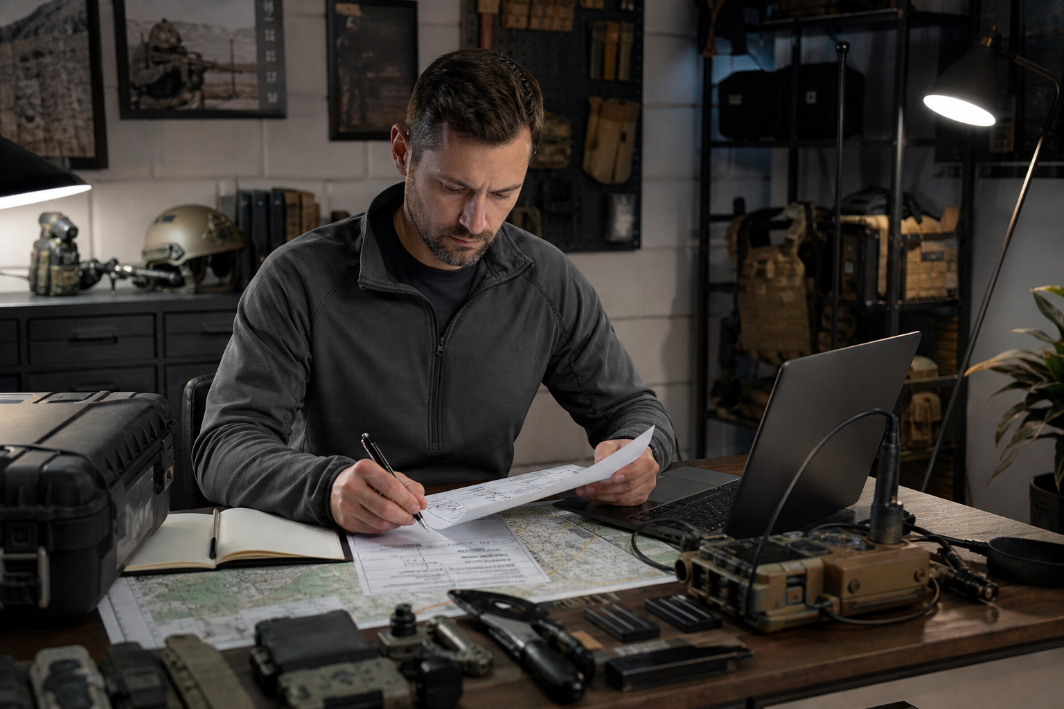 Professional one-on-one consultation setup with tactical planning documents, communication equipment, and a trained specialist guiding project intake